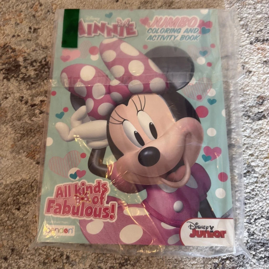 Pink polka-dotted Minnie Mouse coloring book with Daisy Duck in packaging