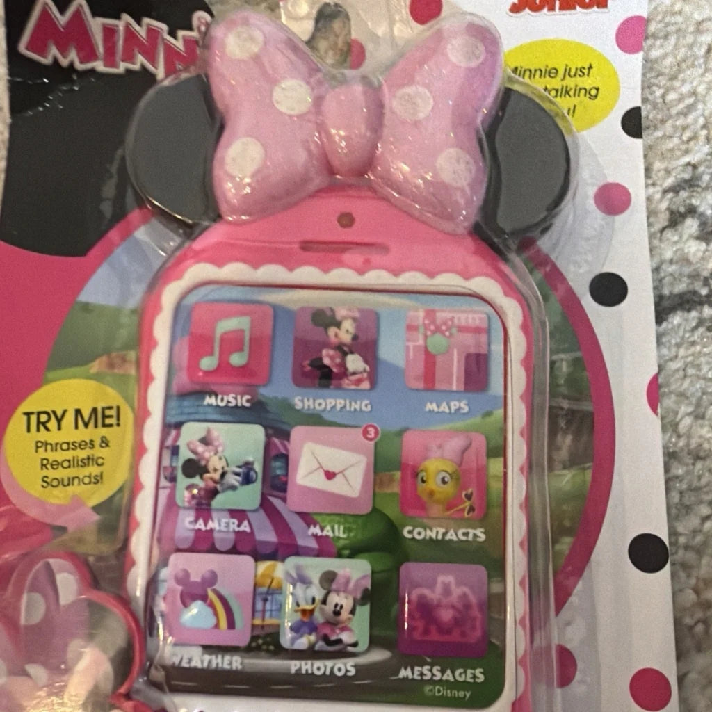 Pink Disney Minnie Mouse toy smartphone with bow and ears