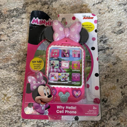 Pink Disney Minnie Mouse toy cell phone with bow, ears, apps