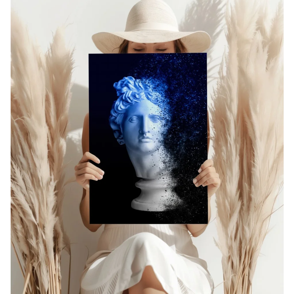 Striking blue marble bust print dissolving into electric blue sparkle particles on black background