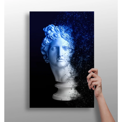 Blue-toned digital art of dissolving marble bust in electric sparkle