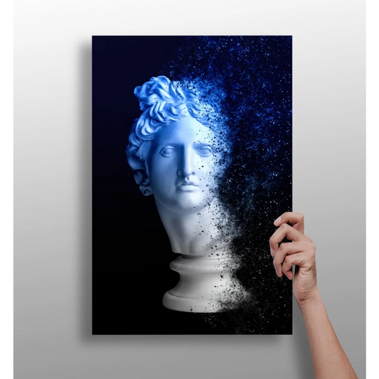 Blue-toned digital art of dissolving marble bust in electric sparkle