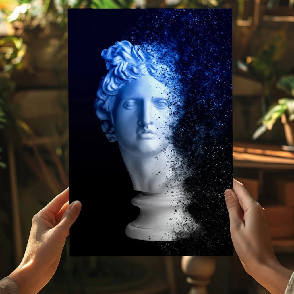 Electric blue sparkling dissolving marble bust print on black