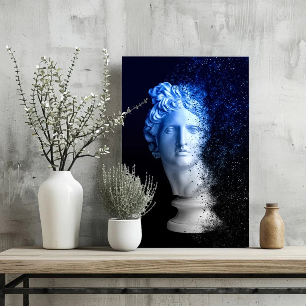 Blue-toned digital marble bust dissolving into electric blue sparkle on black background