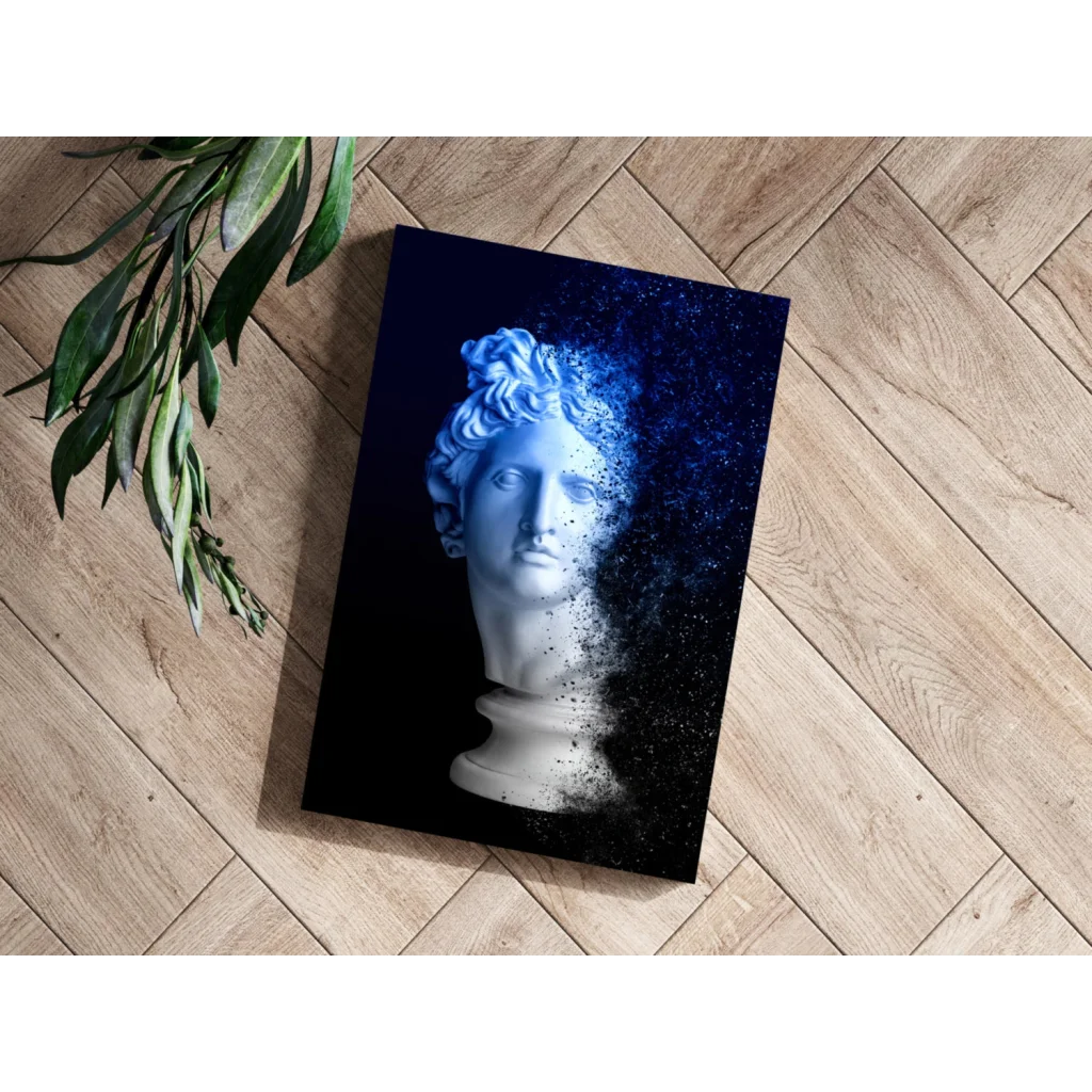 Electric blue sparkling dissolving marble bust print on black canvas