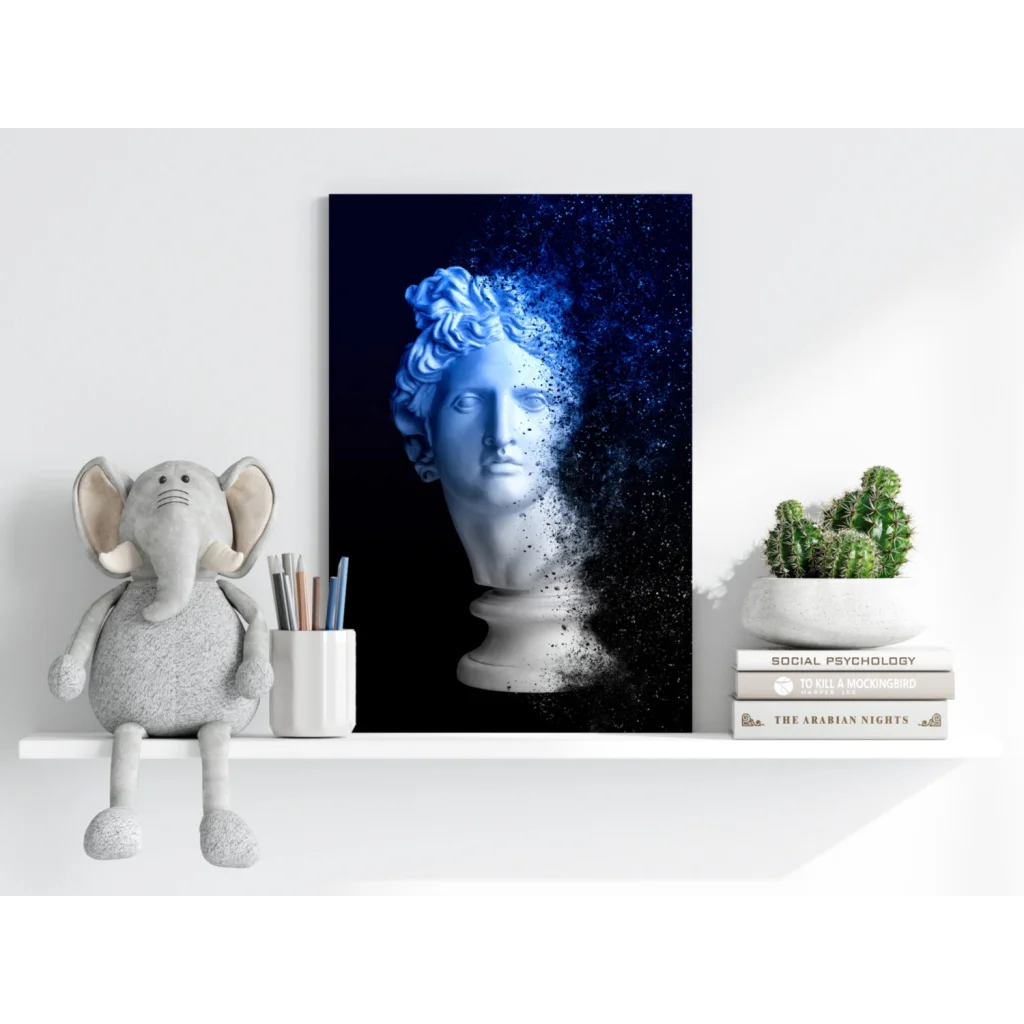 Blue and white marble bust canvas print with dissolving face particles in electric blue sparkle