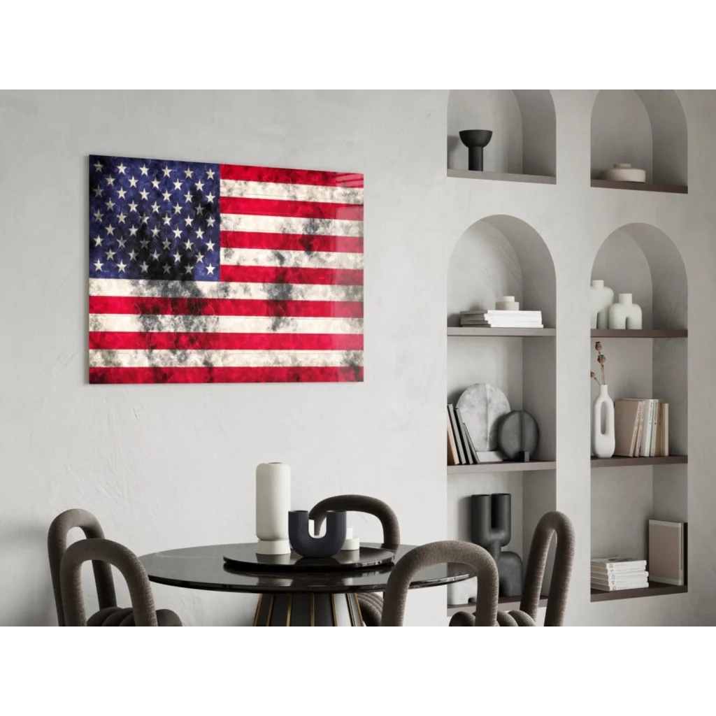 Distressed American flag canvas wall art in faded red, white, blue