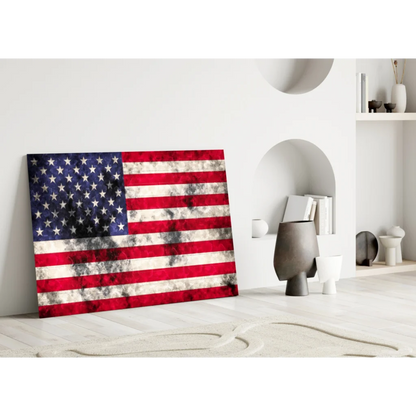 Distressed American flag canvas wall art on white wall