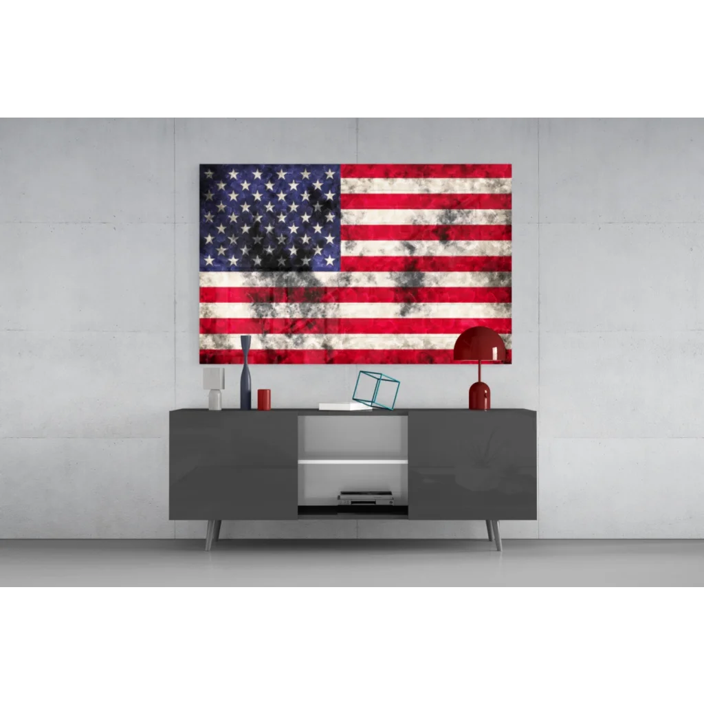 Distressed American flag canvas wall art above gray console