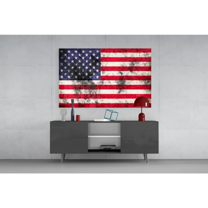 Distressed American flag canvas wall art above gray console