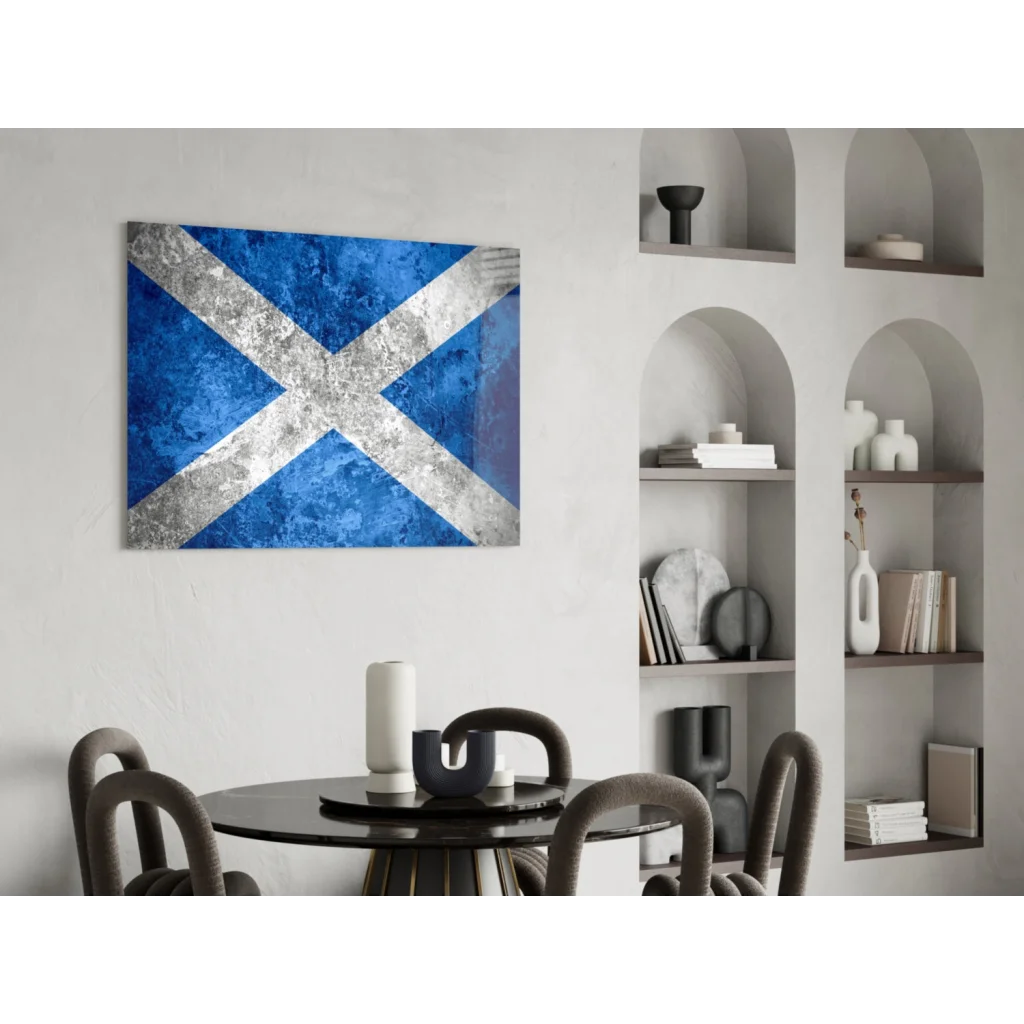 Distressed Scottish flag canvas wall art in blue and silver with textured finish