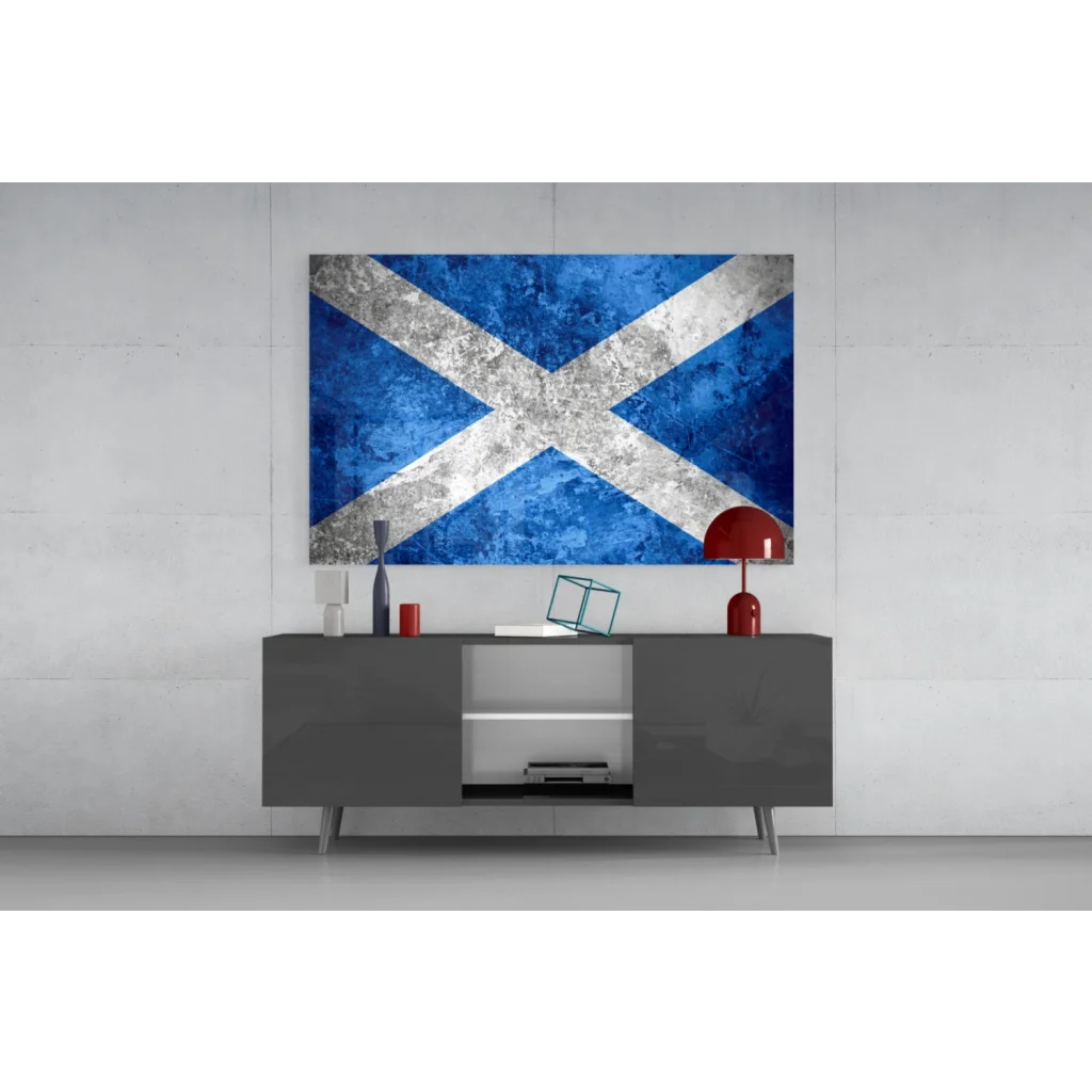 Distressed Scottish flag canvas wall art with textured blue white finish