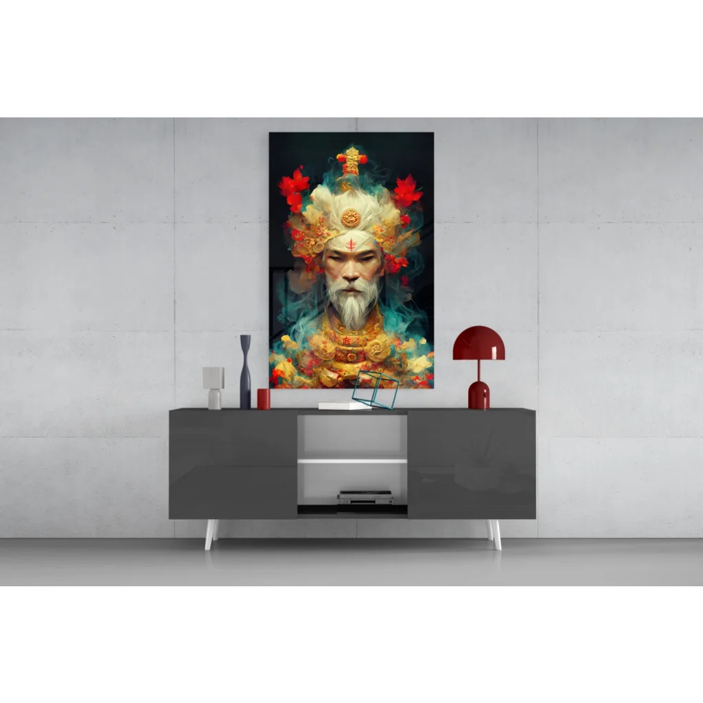 Vibrant bearded deity in golden ornate portrait on glass wall art