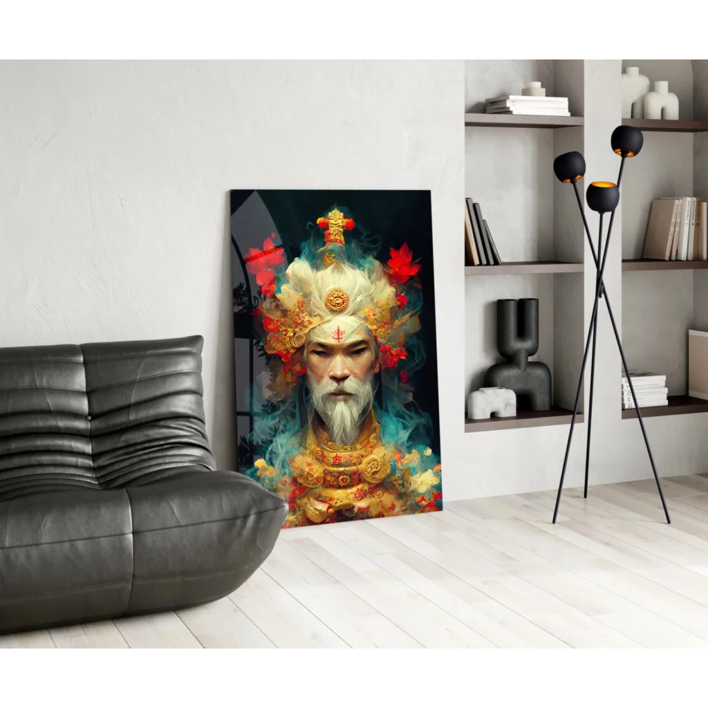 Vibrant bearded deity in golden regalia on sleek black glass wall art