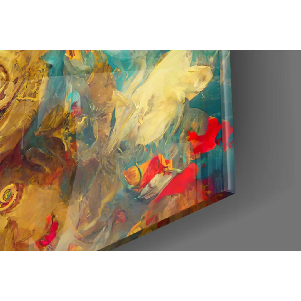Vibrant abstract glass wall art with blues, reds, golds, and golden ornate portrait