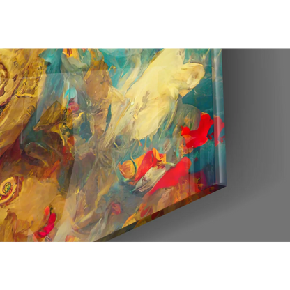 Vibrant abstract glass wall art with blues, reds, golds, and golden ornate portrait