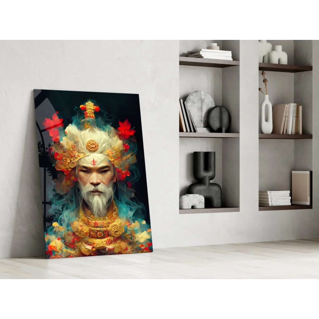 Vibrant bearded deity in golden crown on teal robes, divine glass wall art