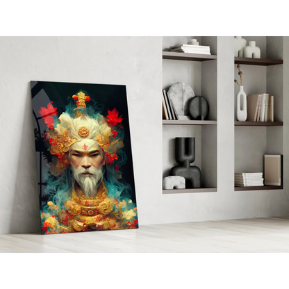 Vibrant bearded deity in golden crown on teal robes, divine glass wall art