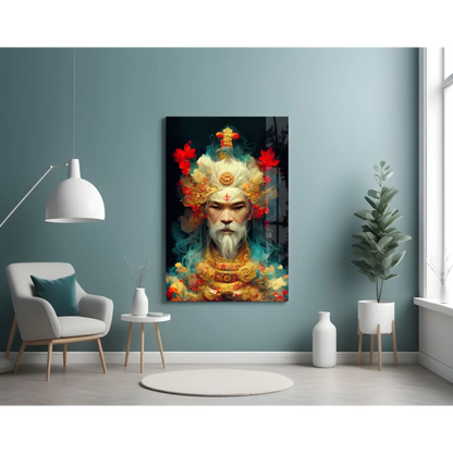 Vibrant bearded deity in golden regalia on glass wall art