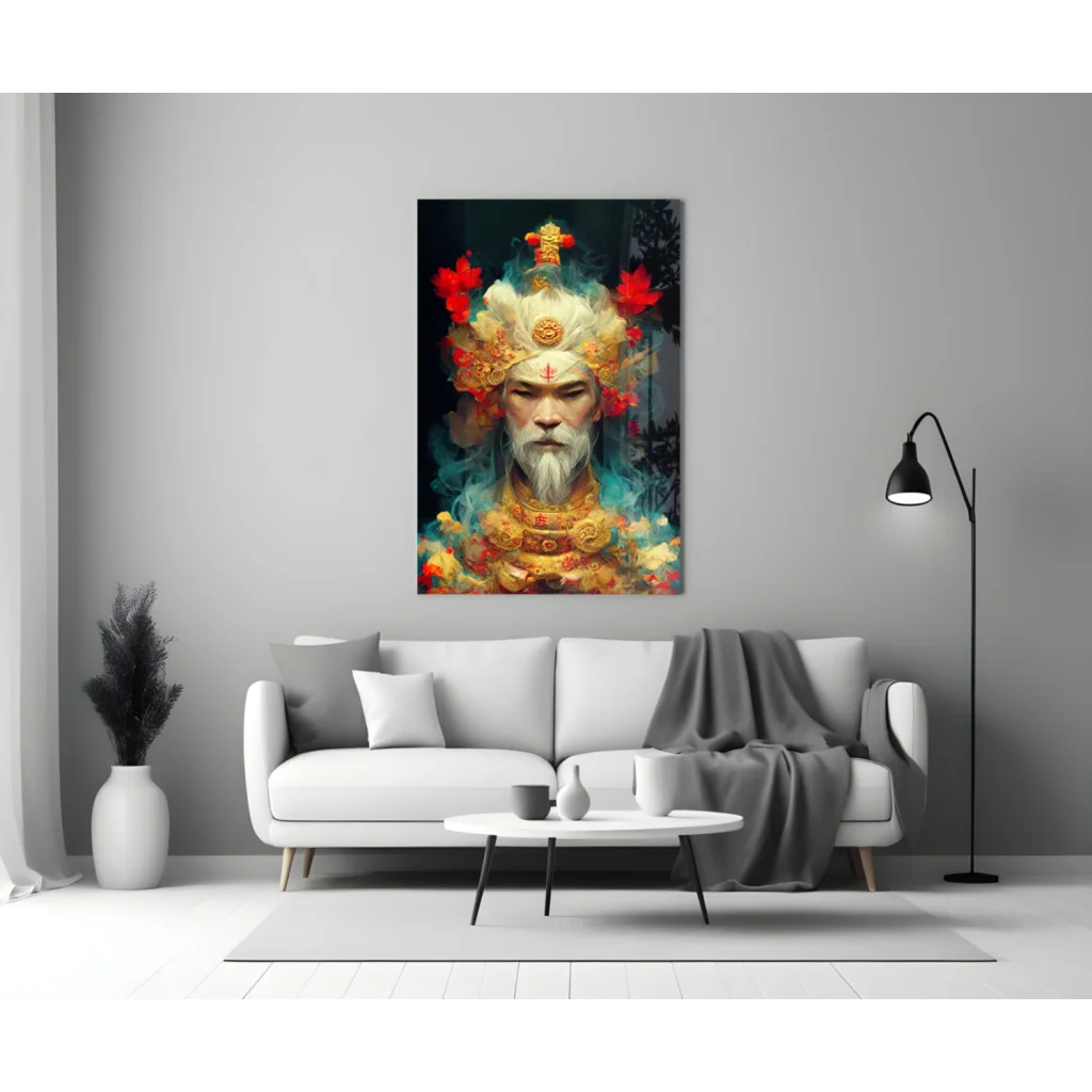 Vibrant bearded deity in golden ornate glass wall art portrait