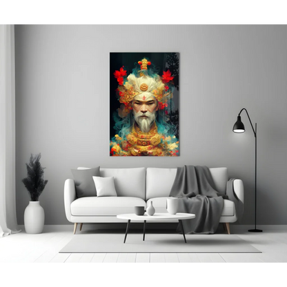 Vibrant bearded deity in golden ornate glass wall art portrait