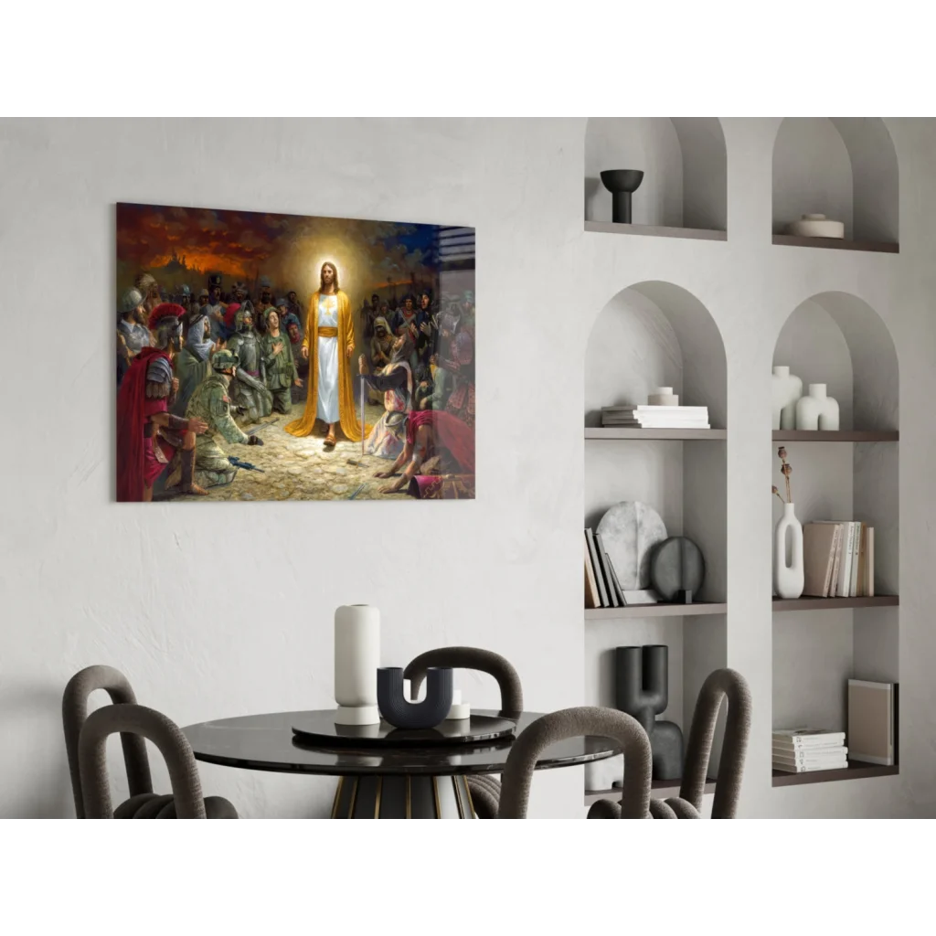 Jesus in golden robes before soldiers, divine light wall art canvas