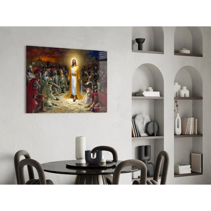 Jesus in golden robes before soldiers, divine light wall art canvas