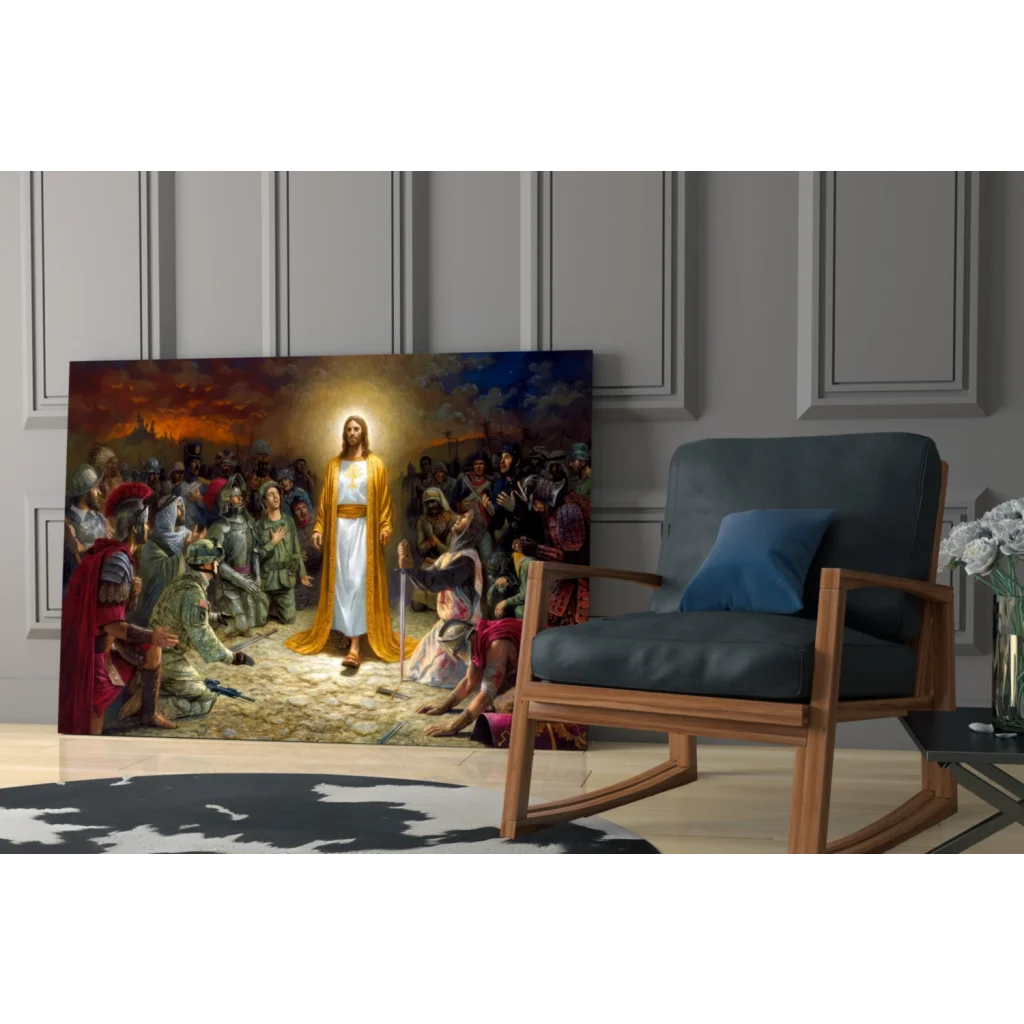 Vibrant Jesus canvas wall art with divine light and soldiers scene