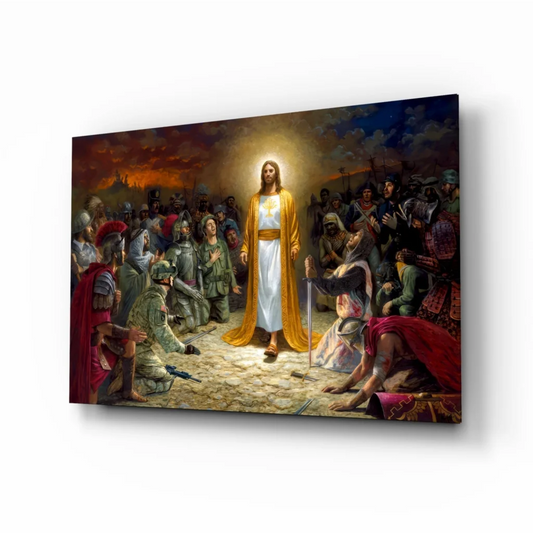 Jesus in golden robe with soldiers divine light canvas wall art