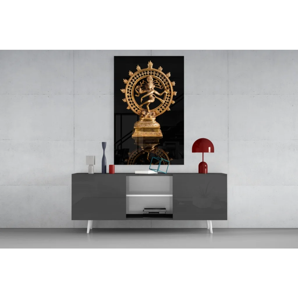 Golden Divine Nataraja glass wall art statue with intricate details