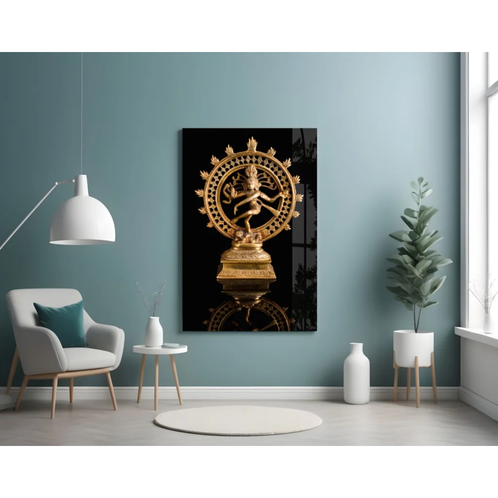 Golden Nataraja glass wall art statue on reflective black background