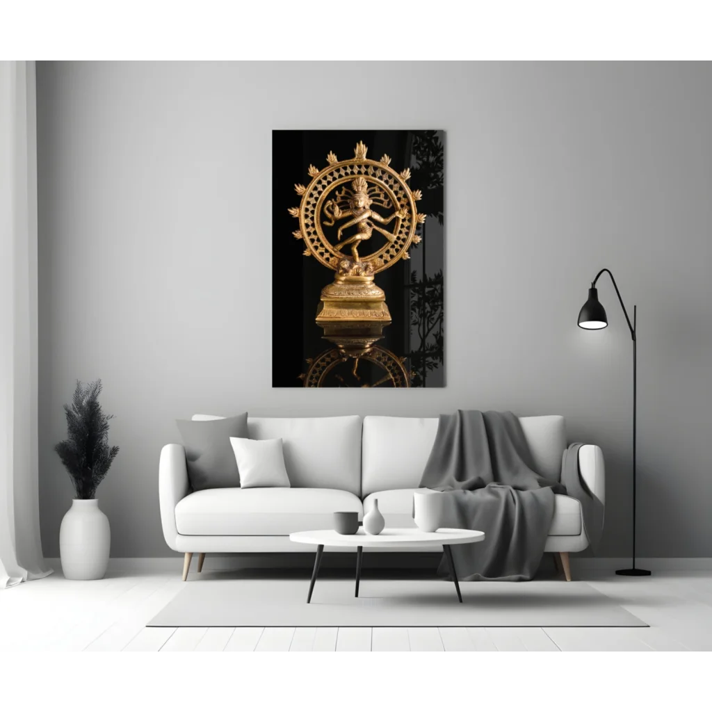 Golden Nataraja glass wall art statue on black background