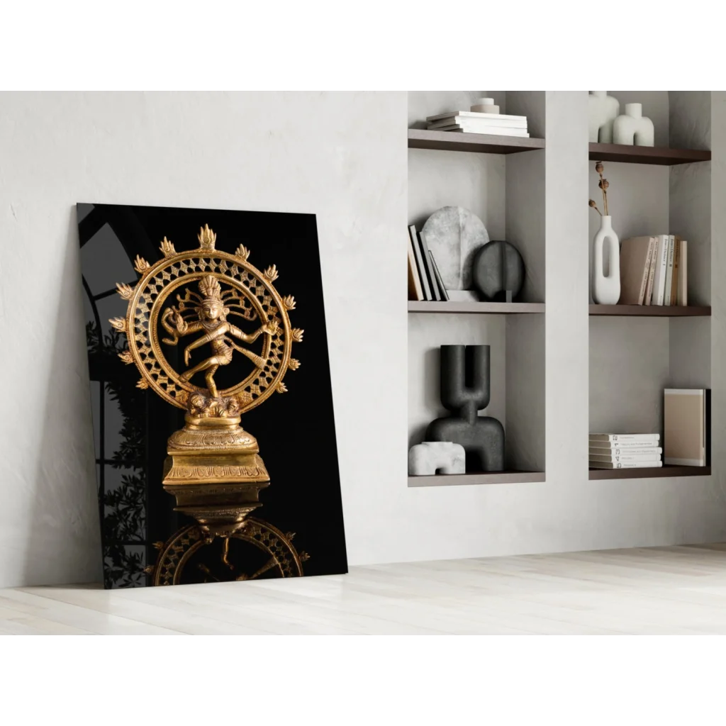 Golden Nataraja statue in divine glass wall art on black background