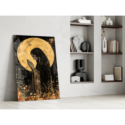 Black and gold divine prayer figure with radiant halo canvas wall art