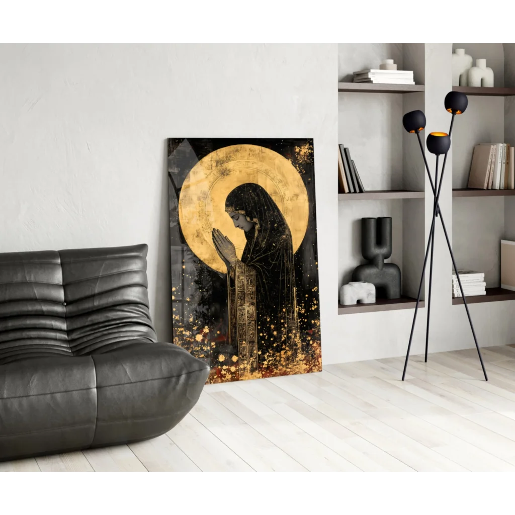 Black and gold divine prayer halo wall art on textured canvas