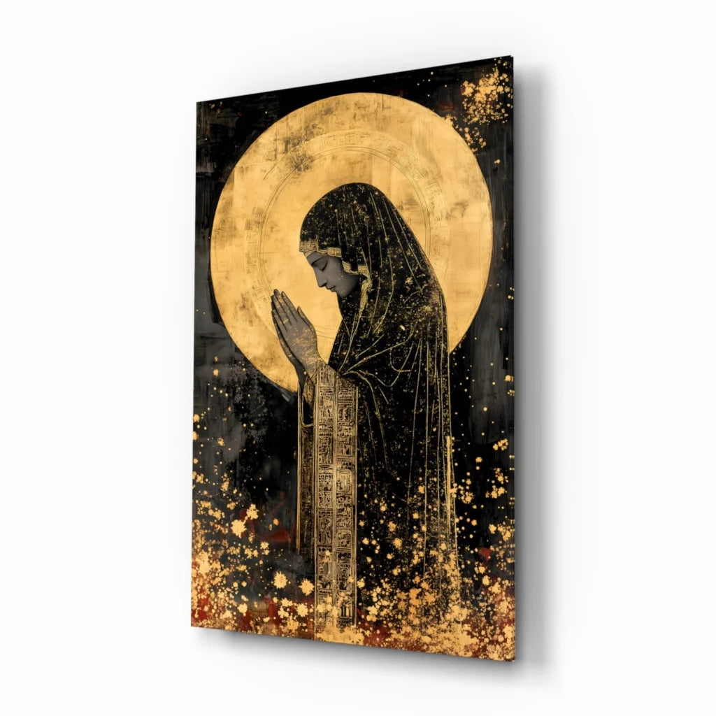 Black-robed praying figure in golden halo wall art canvas print