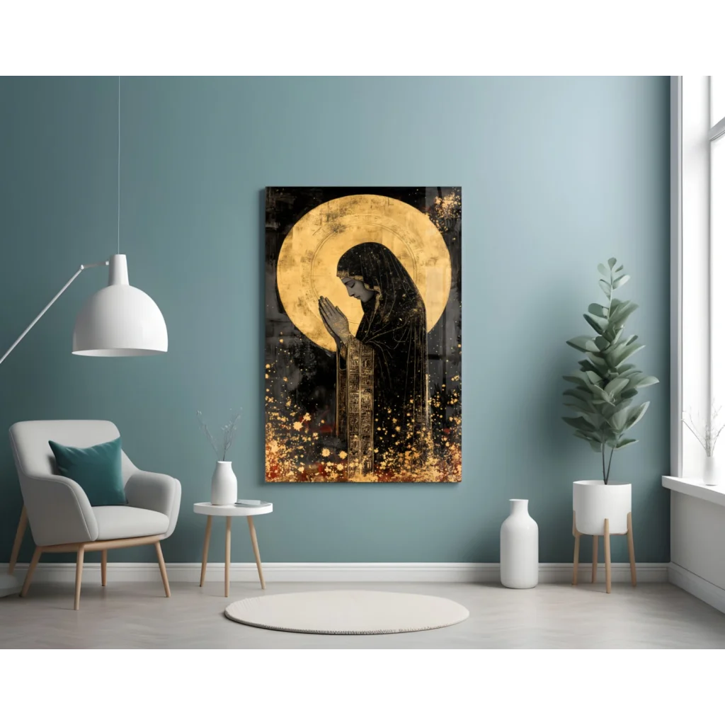 Divine Prayer Golden Halo canvas wall art with radiant silhouette