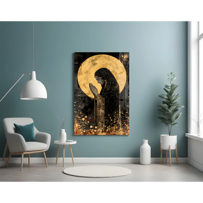 Divine Prayer Golden Halo canvas wall art with radiant silhouette