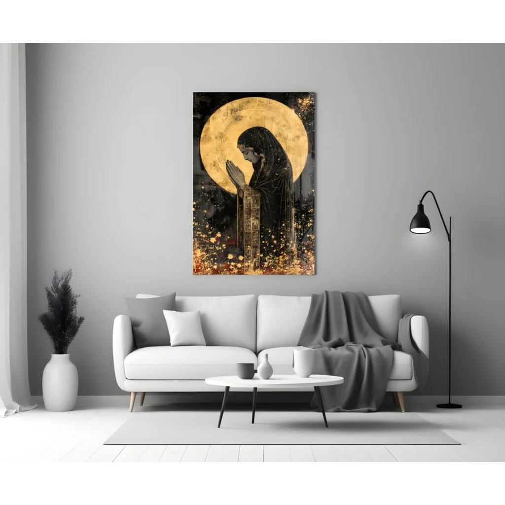 Black and gold divine prayer figure with radiant halo wall art