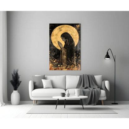 Black and gold divine prayer figure with radiant halo wall art