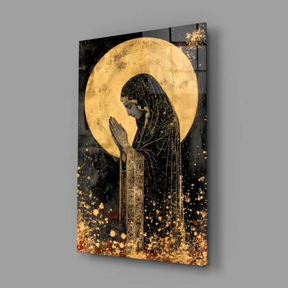 Black and gold divine prayer figure with golden halo wall art
