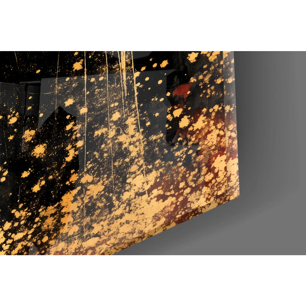 Black and gold splattered abstract wall art panel in Divine Prayer Golden Halo design