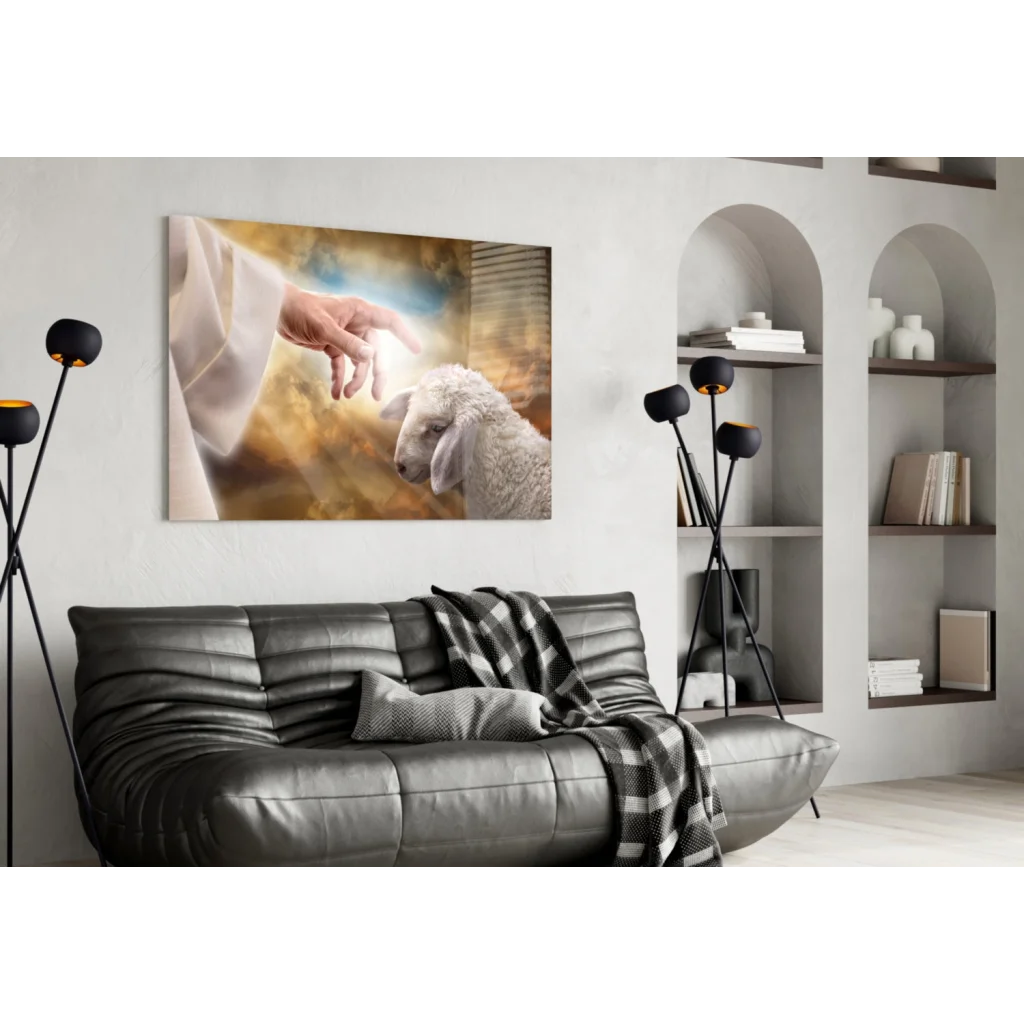 Hand reaching to lamb in warm golden Divine Shepherd wall art