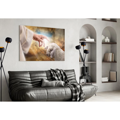 Hand reaching to lamb in warm golden Divine Shepherd wall art