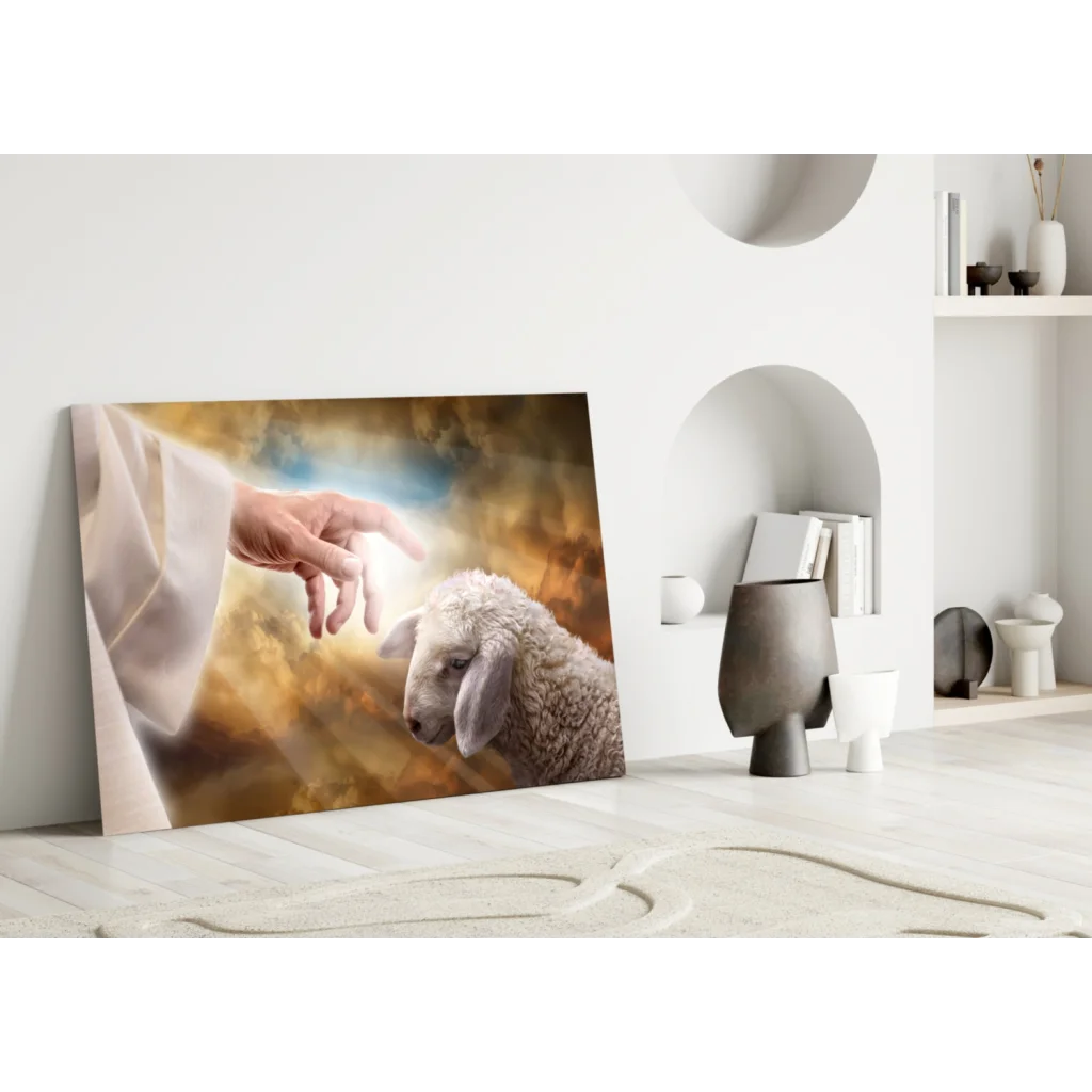 Hand reaching for sheep in golden glow Divine Shepherd wall art