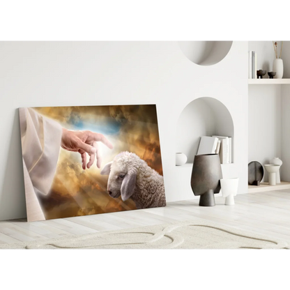 Hand reaching for sheep in golden glow Divine Shepherd wall art
