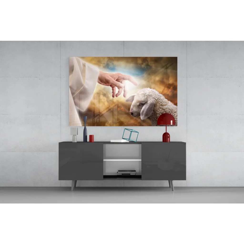 Hand reaching sheep in golden glow Divine Shepherd wall art canvas