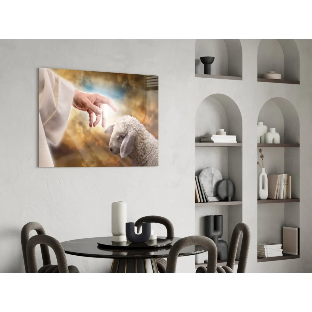 Hand reaching for lamb in Divine Shepherd canvas wall art with golden glow