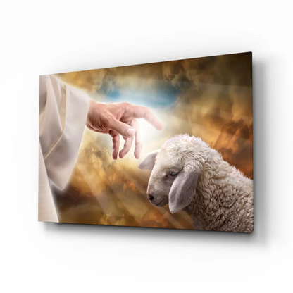 Hand reaching for sheep in golden glow Divine Shepherd wall art canvas print