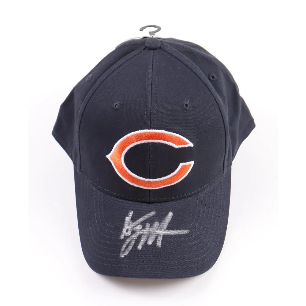 Dark blue Chicago Bears cap with orange C logo and white autograph on brim